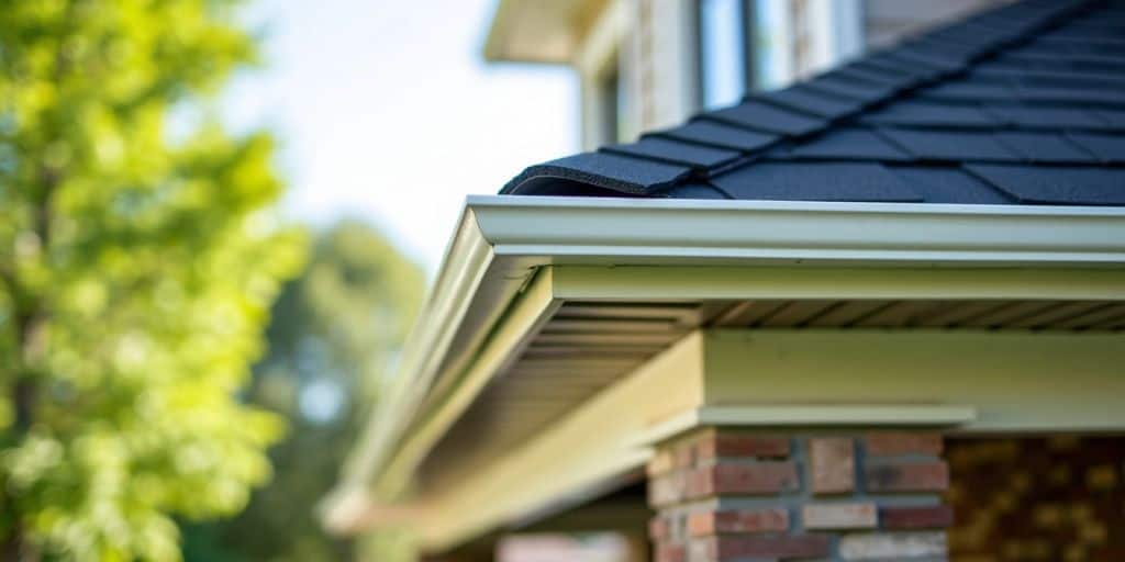 Freshly painted eavestrough on a house exterior.