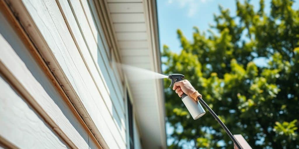 Person spray painting house exterior