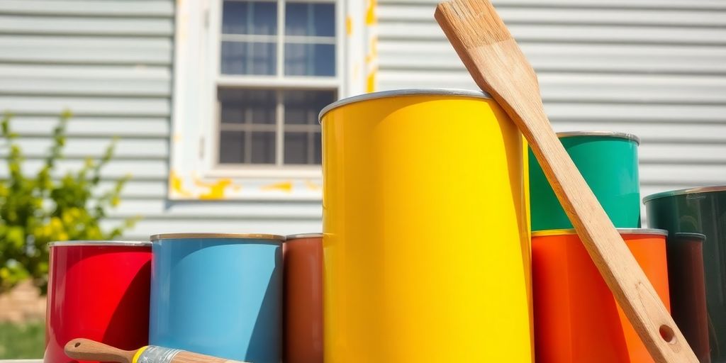 Colorful paint cans and brush with plastic siding house.