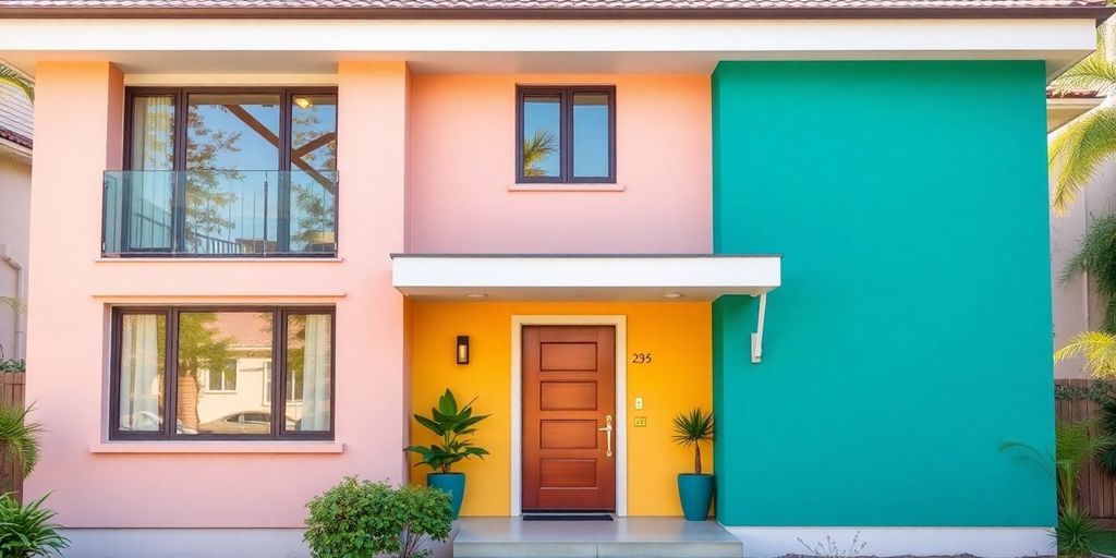 Vibrant colored house exterior in bright lighting.