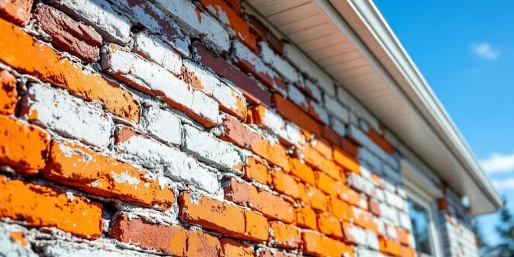 Bright house exterior with weathered brick paint.