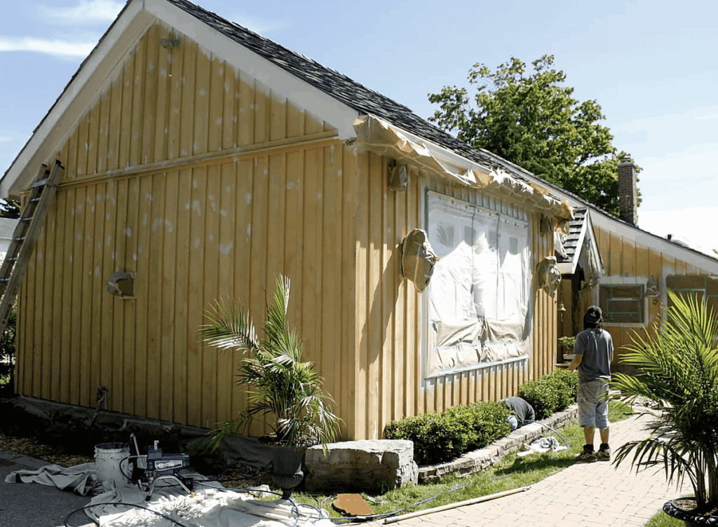 Wood siding in the process of being painted